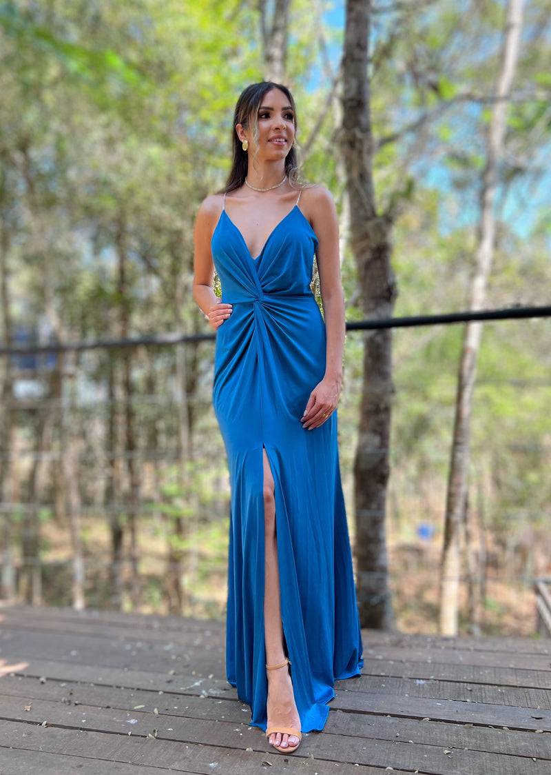 VESTIDO  LONGO ALÇA DE STRASS AZUL