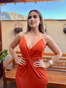 VESTIDO  LONGO ALÇA DE STRASS TERRA COTA