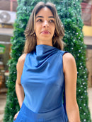 MACACÃO FEMININO MANGA CURTA CETIM AZUL