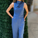 MACACÃO FEMININO MANGA CURTA CETIM AZUL