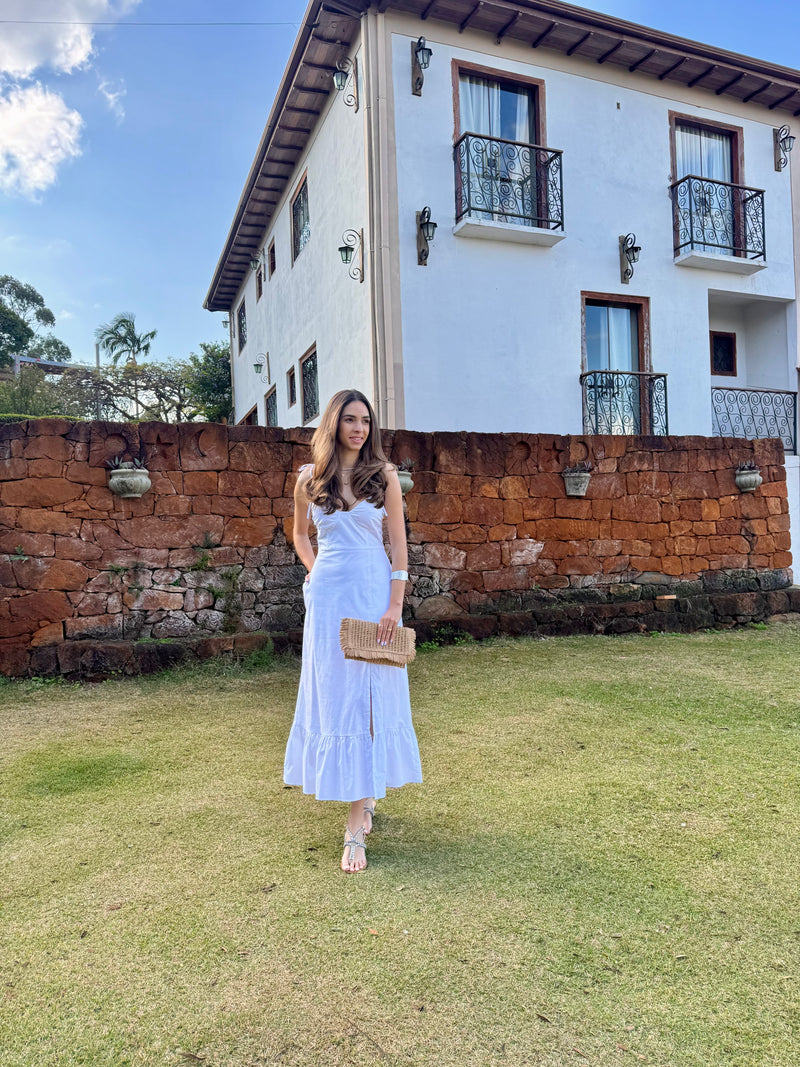 VESTIDO FEMININO MIDI DECOTE CORAÇÃO BRANCO