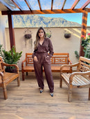 CONJUNTO CALÇA PANTALONA E CAMISA RENDA MARROM