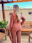 CONJUNTO FEMININO CALÇA E CAMISA  MARROM