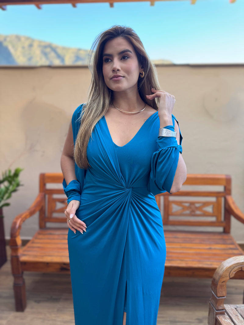 VESTIDO MADRINHA CASAMENTO FESTA MANGA LONGA TECIDO FLUITY AZUL