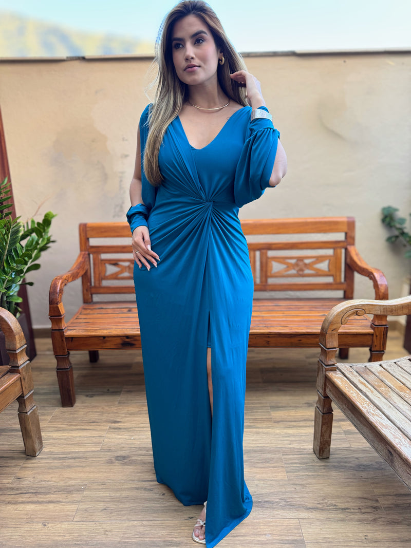 VESTIDO MADRINHA CASAMENTO FESTA MANGA LONGA TECIDO FLUITY AZUL