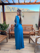 VESTIDO MADRINHA CASAMENTO FESTA MANGA LONGA TECIDO FLUITY AZUL