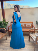 VESTIDO MADRINHA CASAMENTO FESTA MANGA LONGA TECIDO FLUITY AZUL