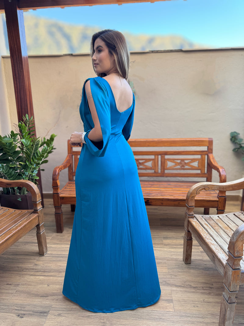 VESTIDO MADRINHA CASAMENTO FESTA MANGA LONGA TECIDO FLUITY AZUL