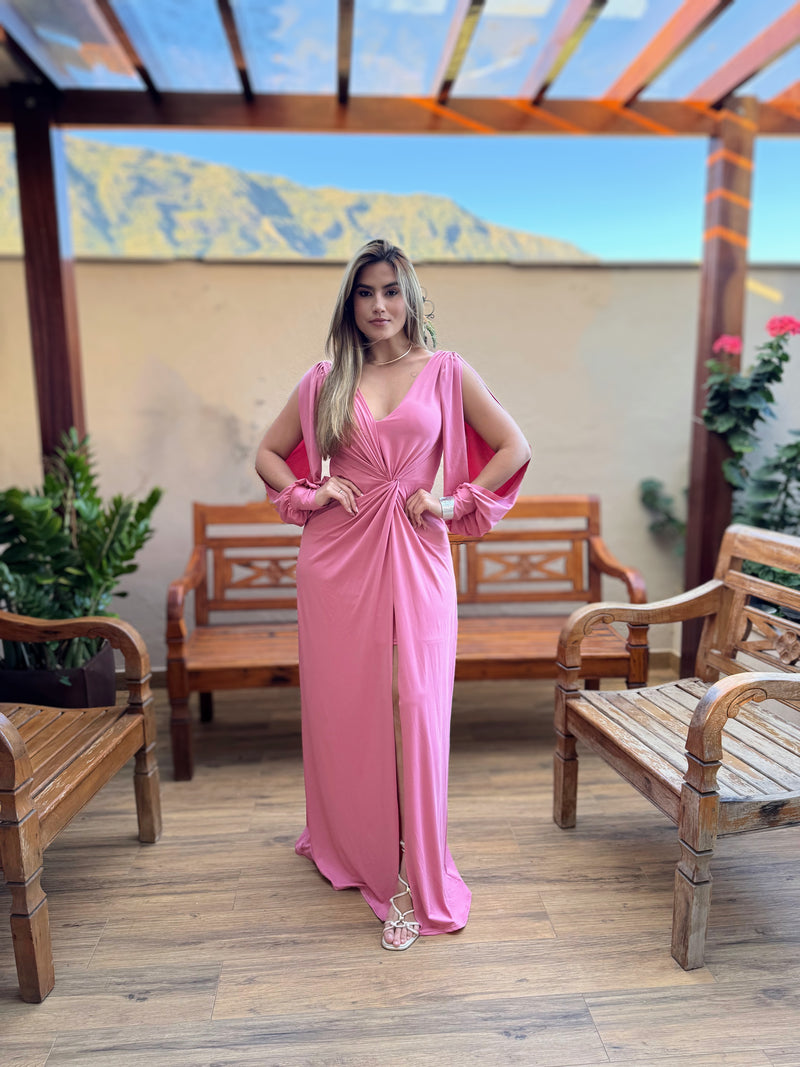 VESTIDO MADRINHA CASAMENTO FESTA MANGA LONGA TECIDO FLUITY ROSE