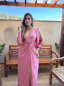 VESTIDO MADRINHA CASAMENTO FESTA MANGA LONGA TECIDO FLUITY ROSE