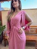 VESTIDO MADRINHA CASAMENTO FESTA MANGA LONGA TECIDO FLUITY ROSE