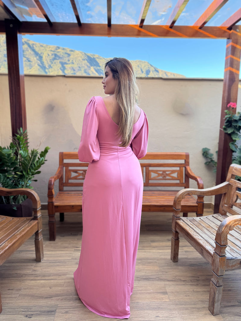 VESTIDO MADRINHA CASAMENTO FESTA MANGA LONGA TECIDO FLUITY ROSE