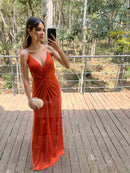 VESTIDO  LONGO ALÇA DE STRASS TERRA COTA