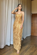VESTIDO LONGO BABADO DOURADO