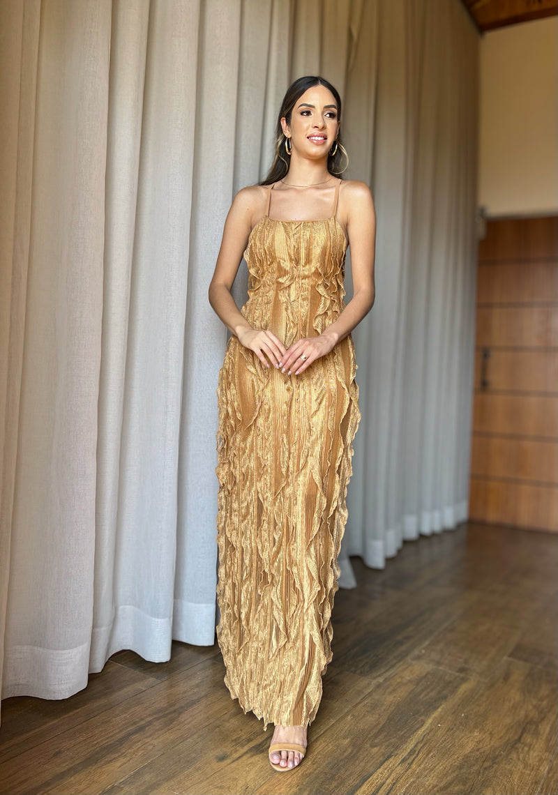 VESTIDO LONGO BABADO DOURADO
