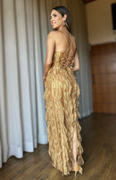 VESTIDO LONGO BABADO DOURADO
