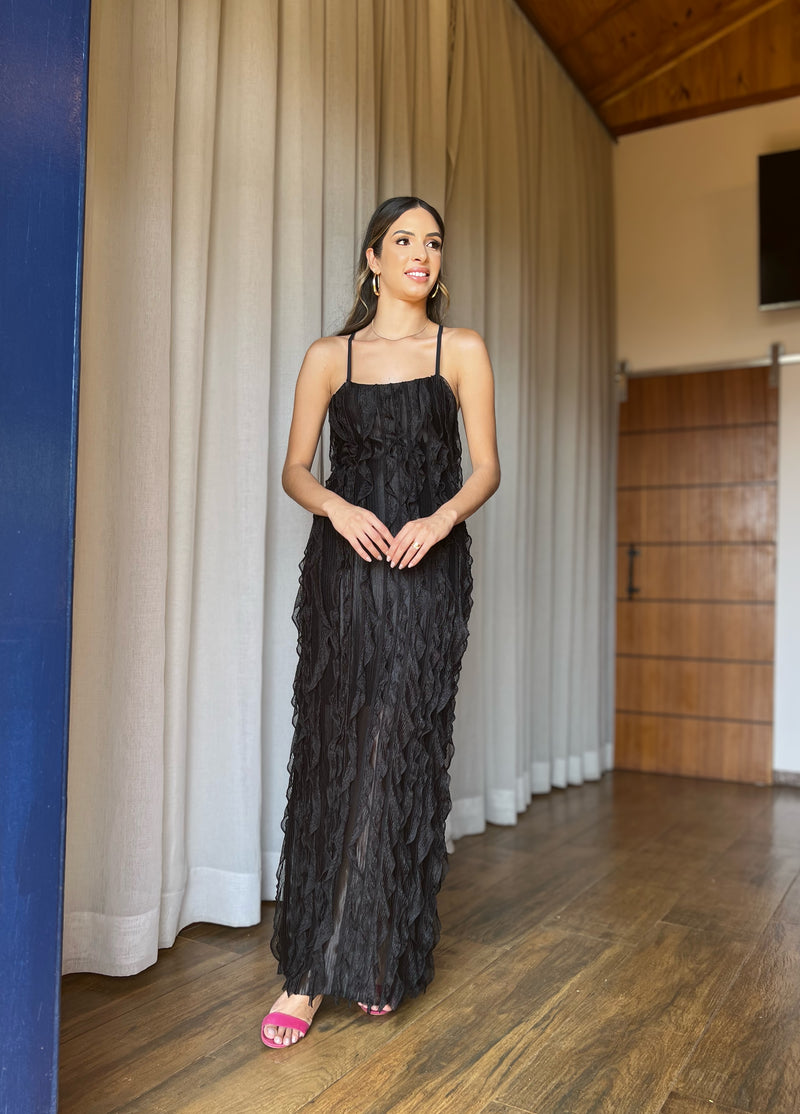 VESTIDO LONGO BABADO PRETO