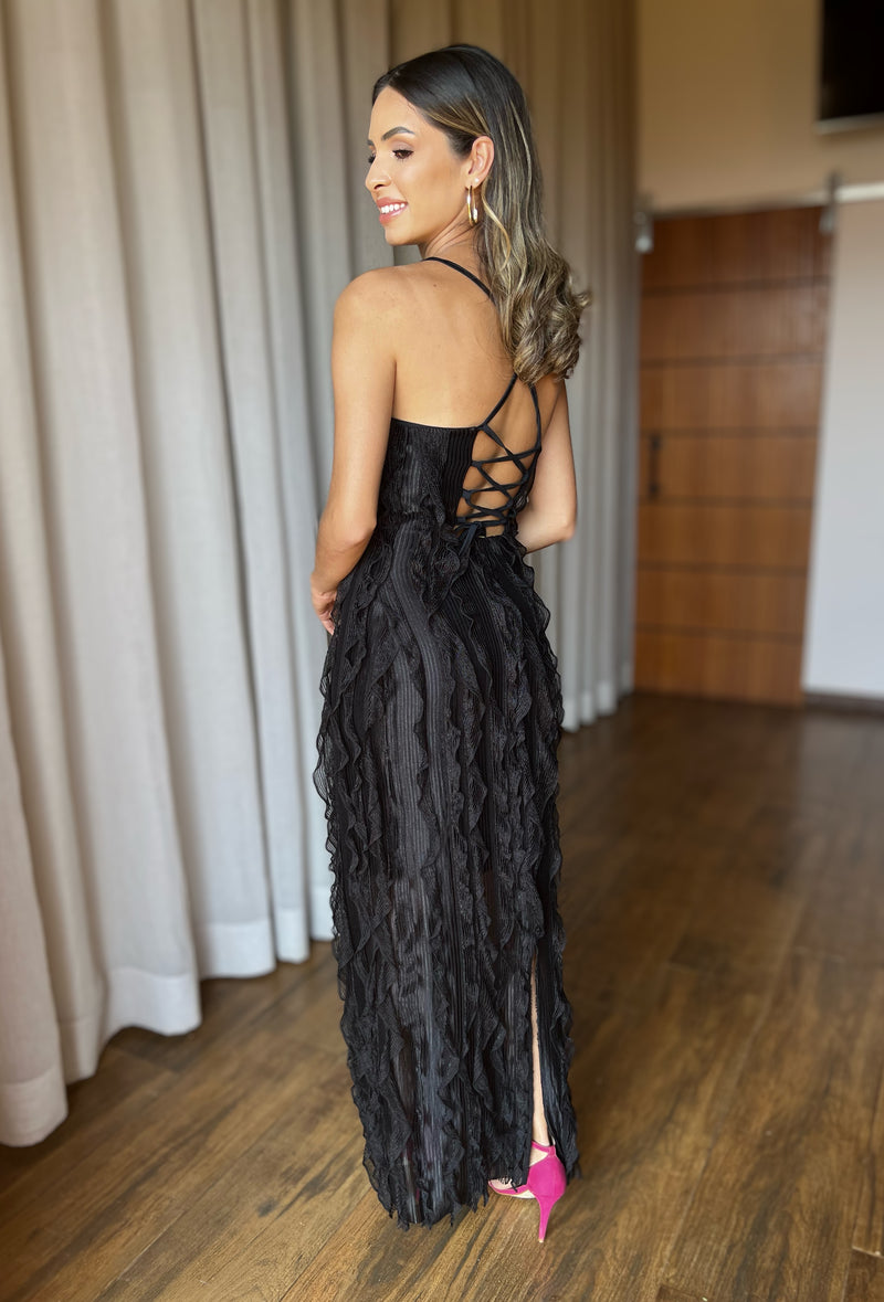 VESTIDO LONGO BABADO PRETO