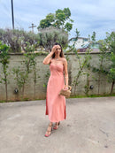 VESTIDO FEMINO MIDI DECOTE CORAÇÃO ROSE