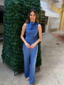 MACACÃO FEMININO MANGA CURTA CETIM AZUL