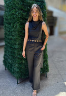 MACACÃO FEMININO MANGA CURTA CETIM PRETO