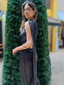 MACACÃO FEMININO MANGA CURTA CETIM PRETO