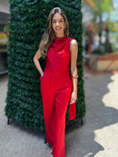 MACACÃO FEMININO MANGA CURTA CETIM VERMELHO