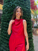 MACACÃO FEMININO MANGA CURTA CETIM VERMELHO