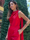 MACACÃO FEMININO MANGA CURTA CETIM VERMELHO