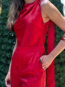 MACACÃO FEMININO MANGA CURTA CETIM VERMELHO