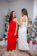 VESTIDO LONGO FEMININO COM ARGOLA NO DECOTE LATERAL VERMELHO